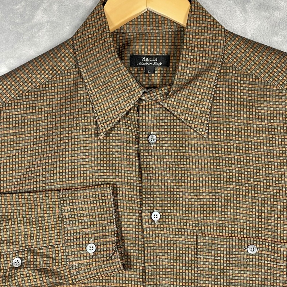 Zanella Mens Brown Micro Check Button Down Shirt Made in Italy L Long Sleeve